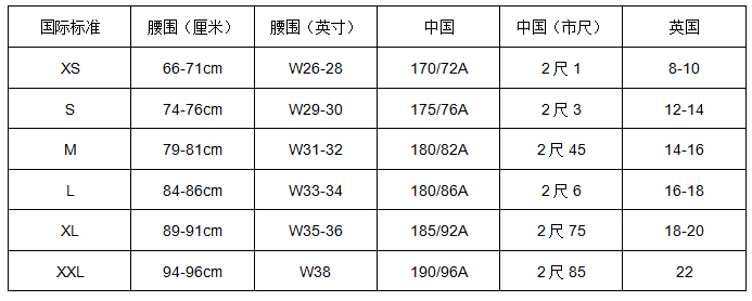 褲子中英尺碼對比